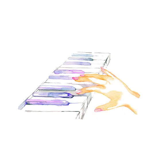 An illustration of a hand playing a piano keyboard